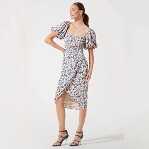 NWOT ASTR the label Floral Puff-Sleeve Wrap Midi Dress - Blue/White